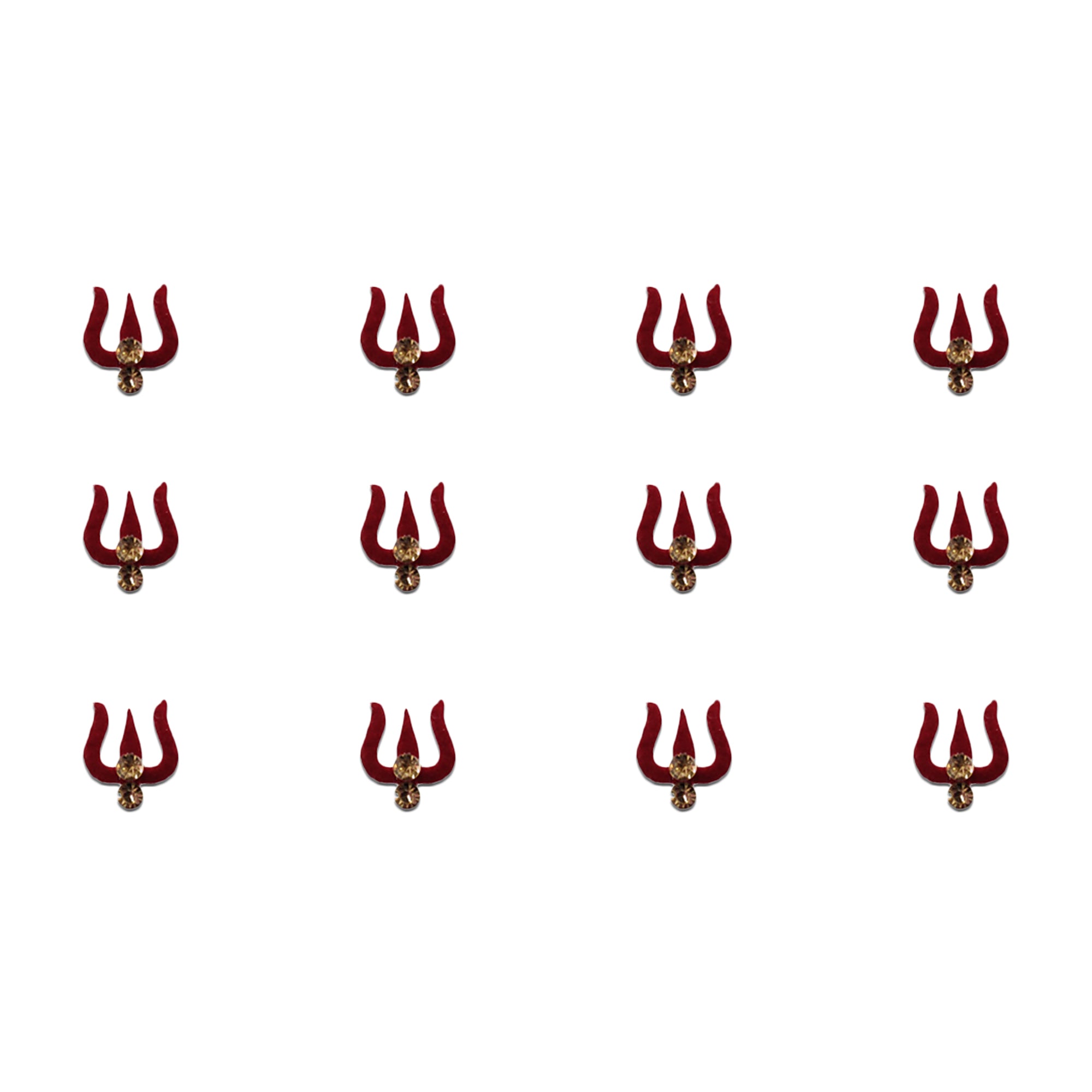 Comet Busters red Trishul designer bindis featuring an auspicious trident shape with golden crystal accents, self-adhesive spiritual bindis for women and girls.