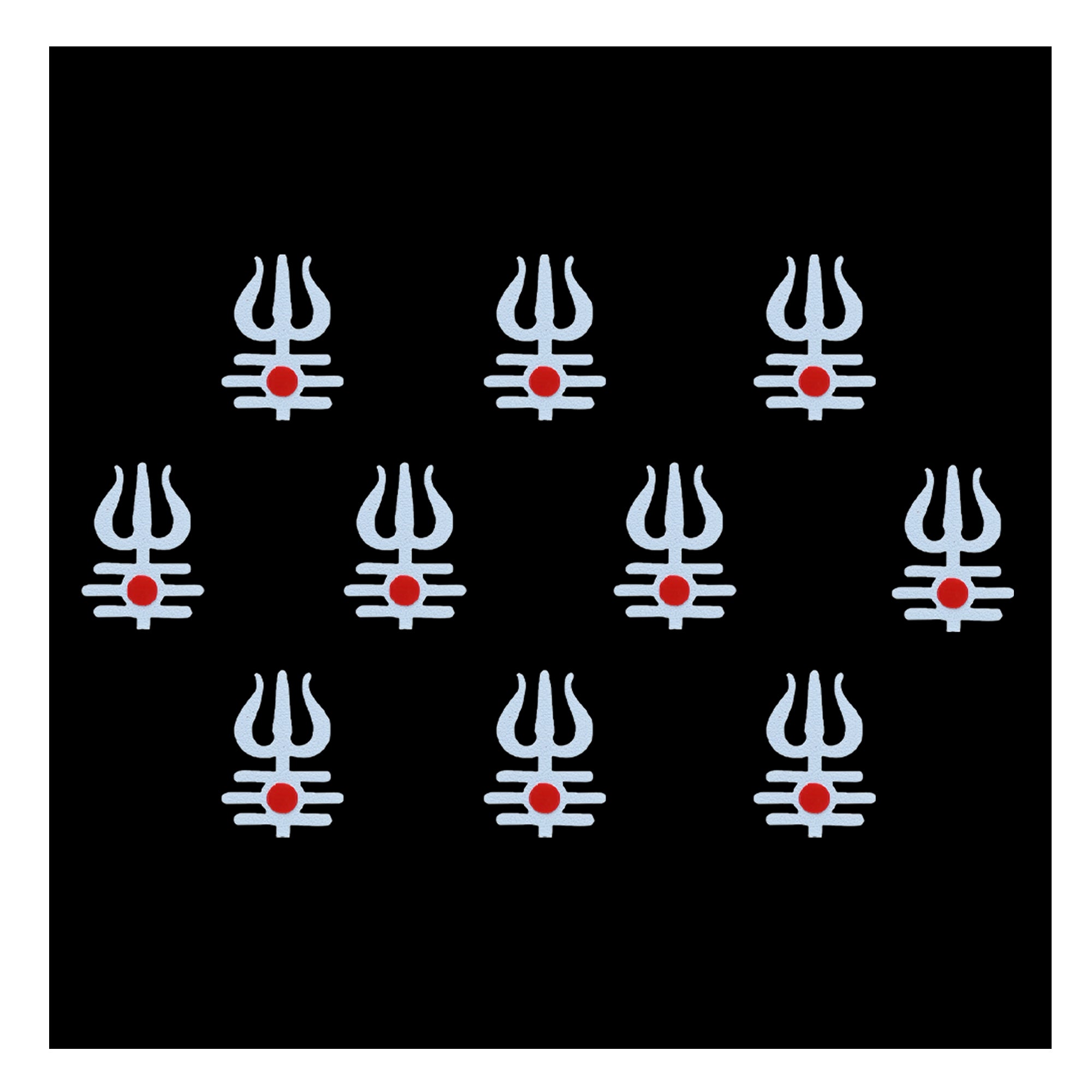 Comet Busters white Trishul Mahadev bindi with three horizontal lines and a red central dot, featuring a traditional Shiva-inspired devotional design
