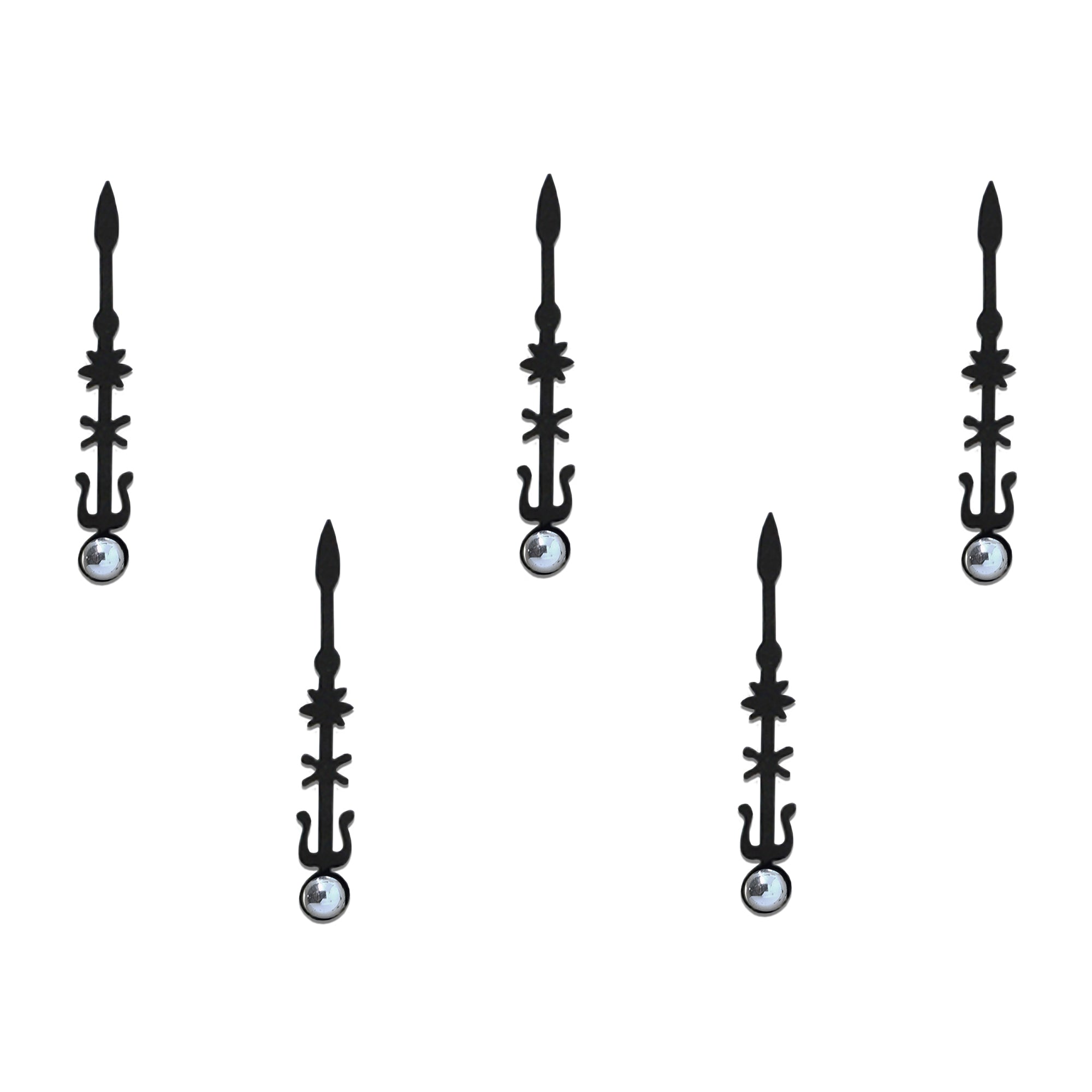 Comet Busters black Trishul spear designer bindi sheet featuring 5 reusable self-adhesive bindis with a sleek spear-inspired spiritual design and crystal accent. Elegant forehead bindis for women and girls, perfect for Mahakal devotion, Shivratri, temple visits, festivals, traditional attire, and ethnic fashion.