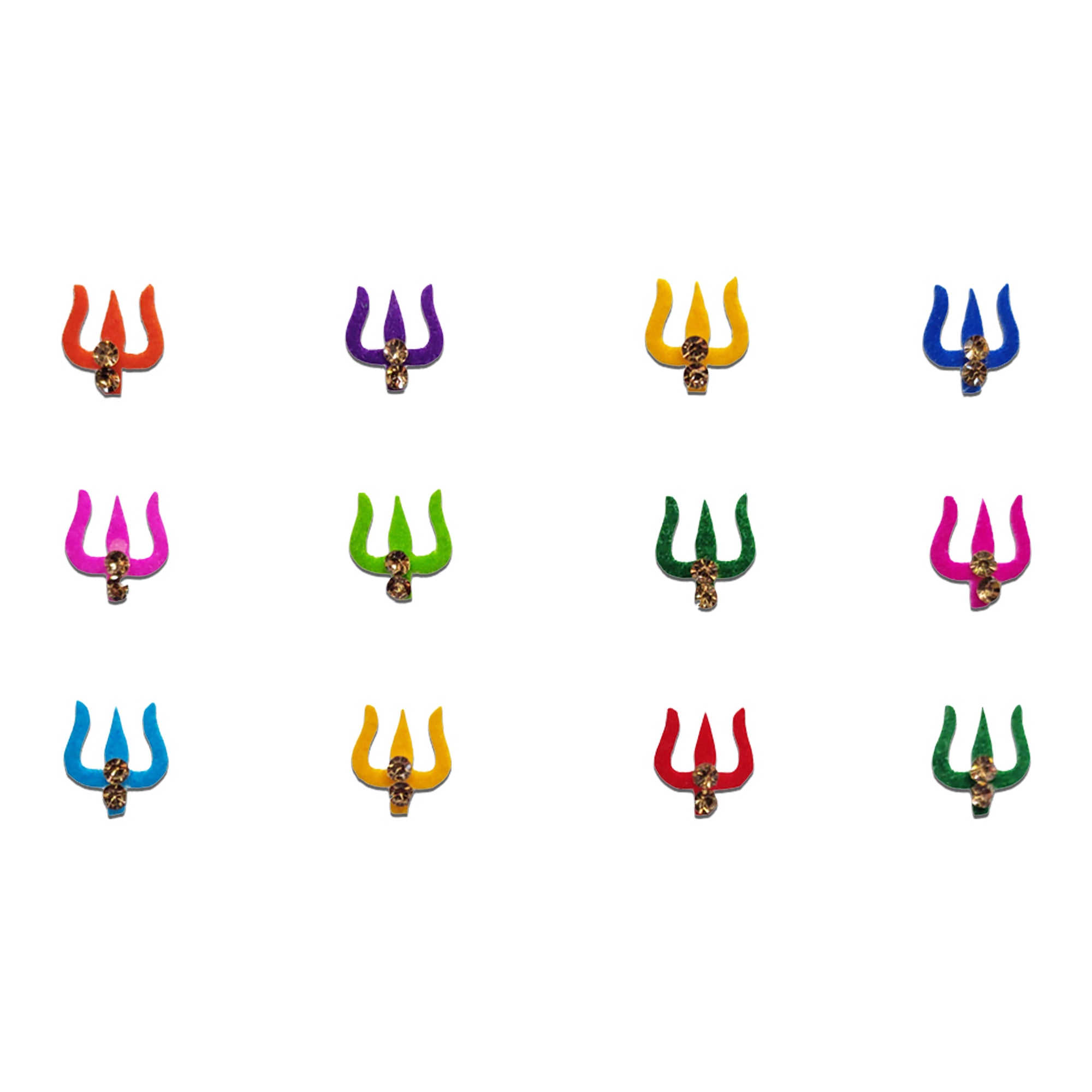 Comet Busters multicolor Trishul symbol designer bindis adorned with crystal stone embellishments, self-adhesive spiritual bindis for women and girls.
