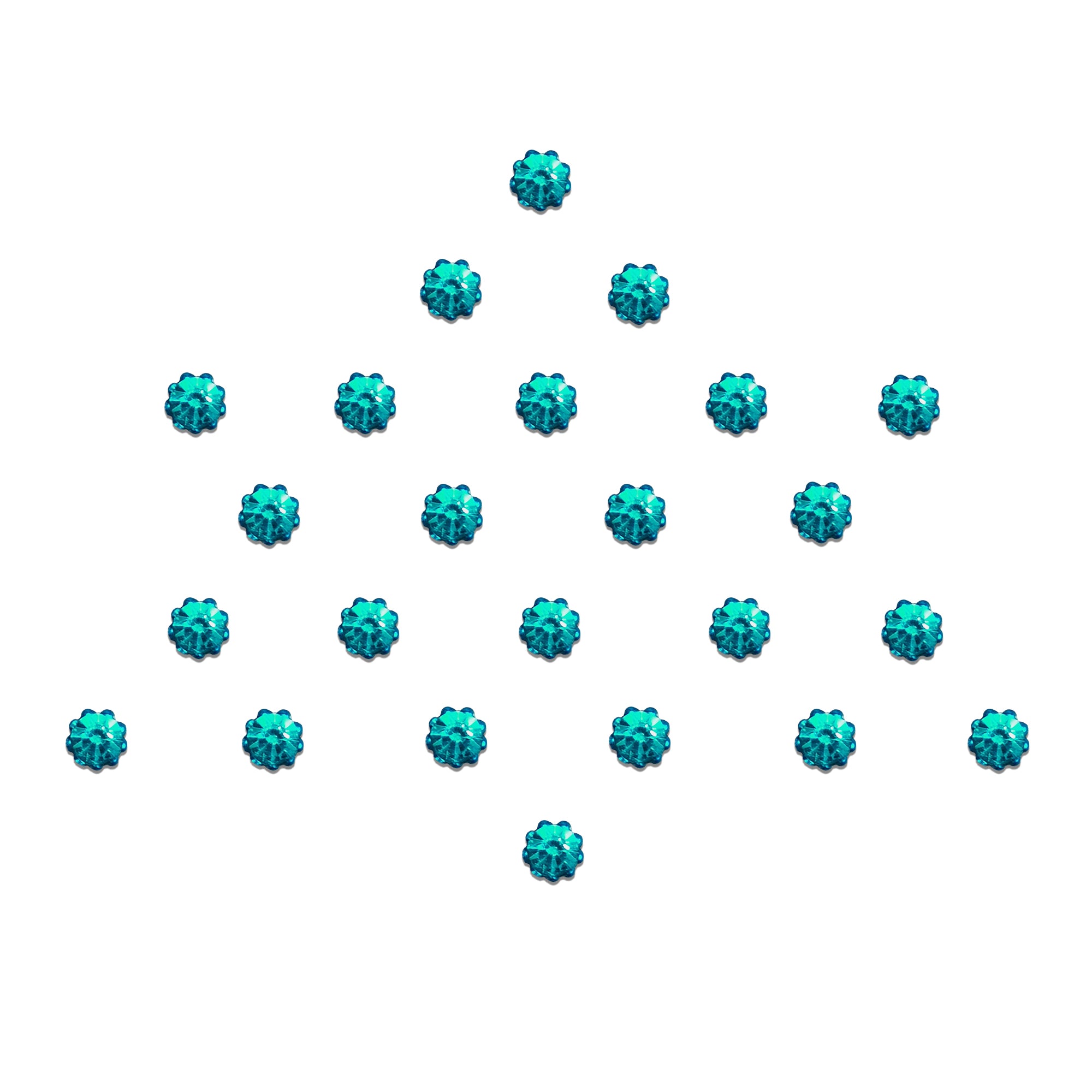 Comet Busters Turquoise Floral Crystal Stone Bindi featuring sparkling flower-shaped turquoise crystal stones with a faceted gemstone finish. Self-adhesive, lightweight, and elegant for women and girls. Perfect for weddings, festivals, Navratri, Diwali, bridal makeup, dance performances, parties, and traditional ethnic wear.