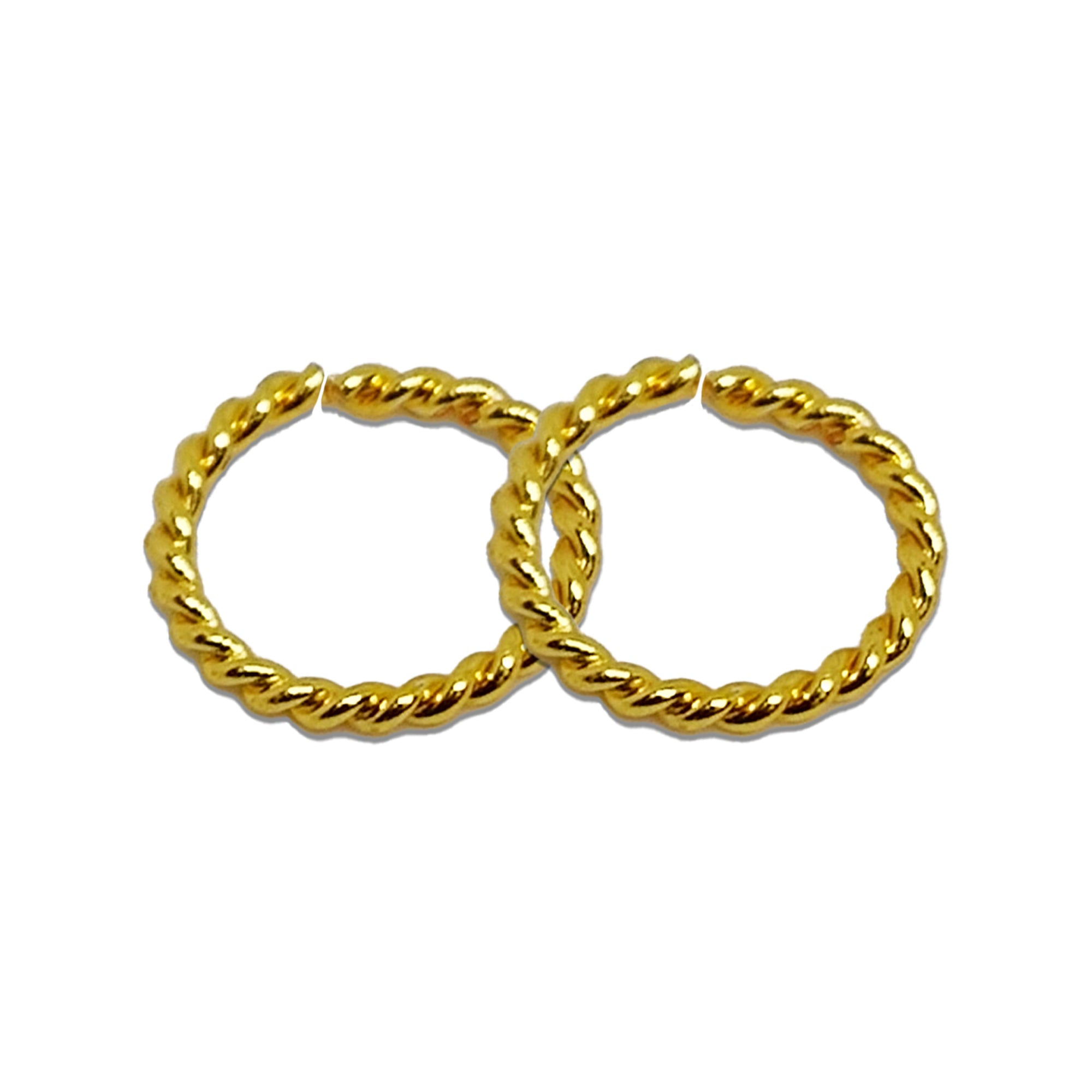 Comet Busters twisted rope design gold hoop nose studs with textured spiral detailing on a white background