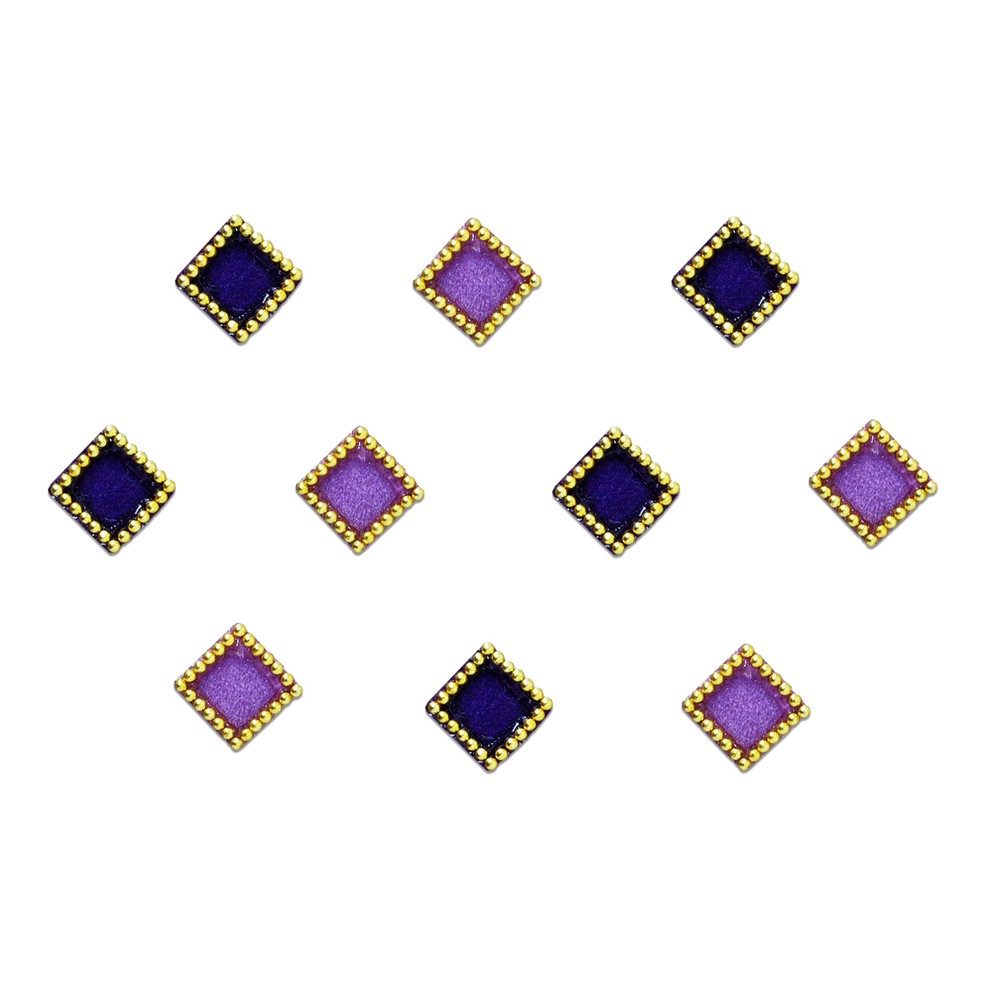 Comet Busters Dual Tone Velvet Diamond Bindi featuring royal purple and lavender diamond-shaped bindis with a soft velvet finish and elegant gold bead border. These self-adhesive geometric designer bindis are ideal for women and girls for daily wear, festivals, Navratri, Diwali, weddings, puja, cultural celebrations, and traditional or Indo-western outfits.