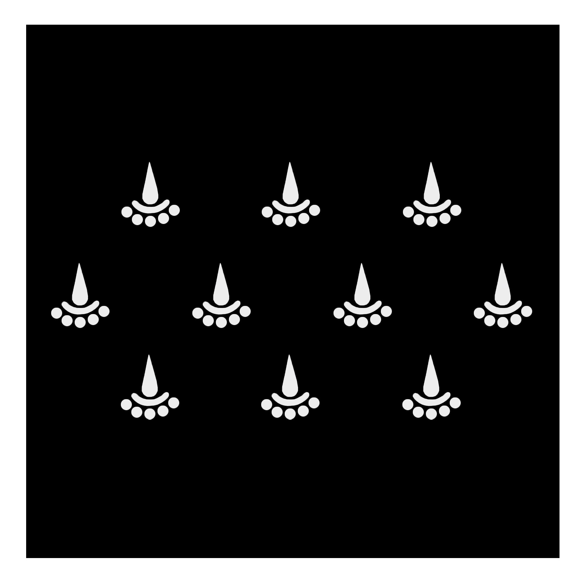 Comet Busters white designer tilak bindis featuring a classic upward tilak shape with decorative curved accents and pearl-style dot detailing. Self-adhesive spiritual forehead stickers ideal for puja, temple visits, festivals, devotional ceremonies, and traditional Indian attire.