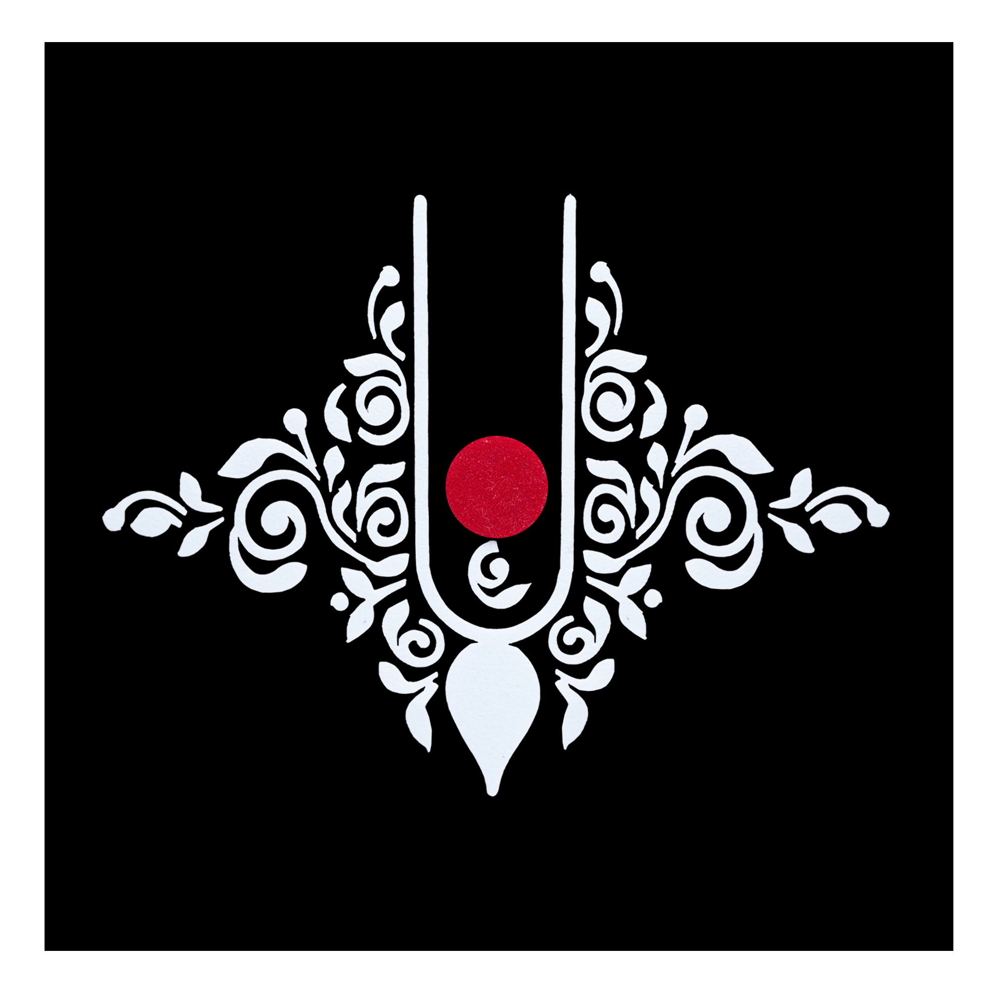 Comet Busters white long traditional designer bindi with intricate symmetrical floral patterns and a red round center, elegant Indian forehead accessory for women and girls