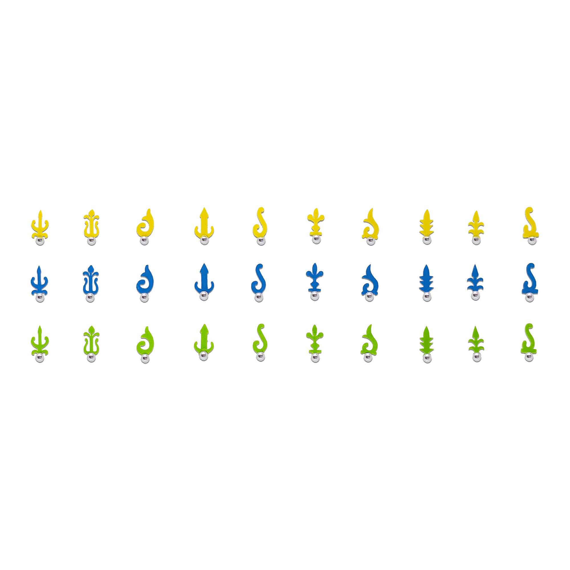 "Comet Busters spiritual symbol bindis with assorted Tilak-inspired designs