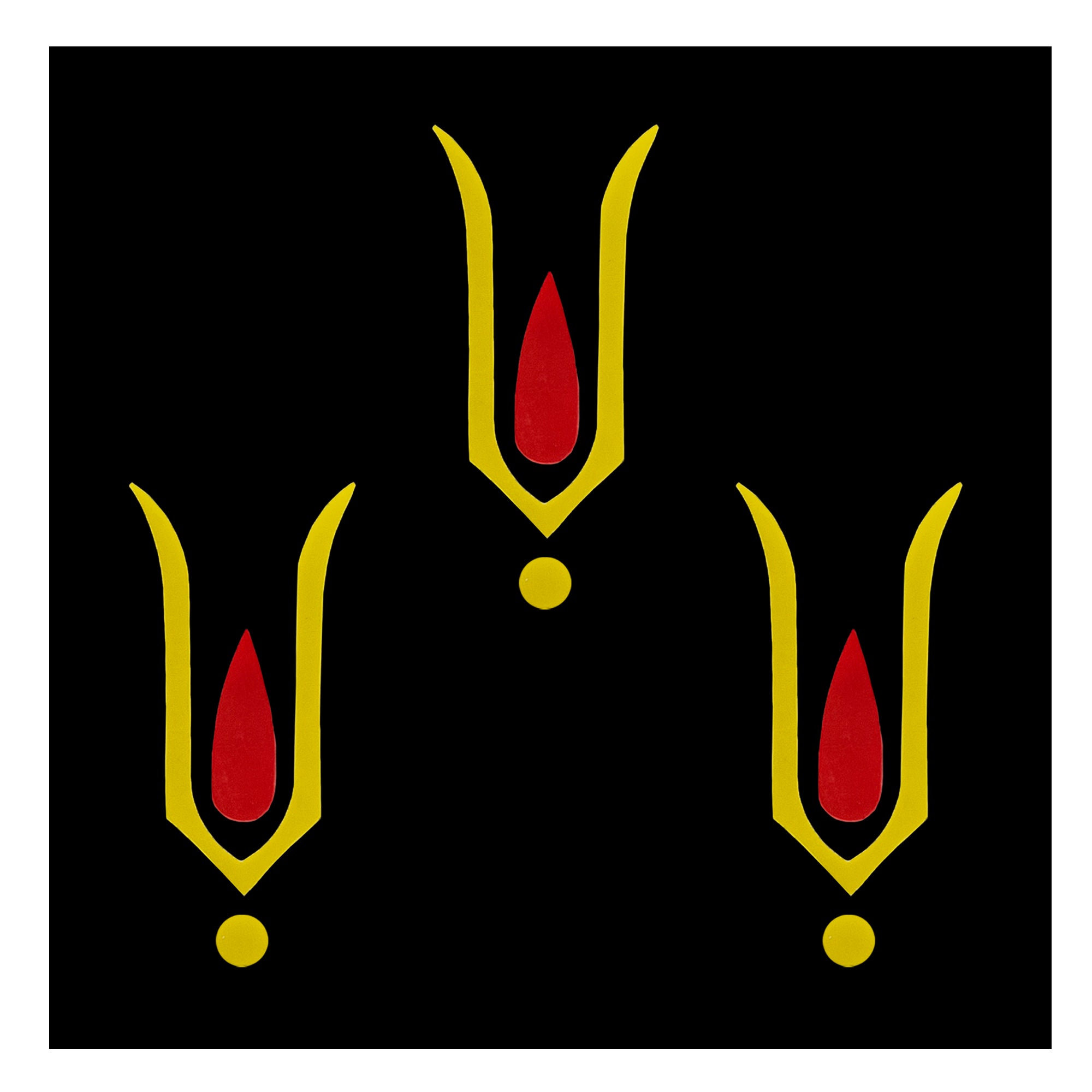Comet Busters yellow U-shaped Vaishnav tilak bindi with red center and yellow dot, traditional spiritual design for women and girls