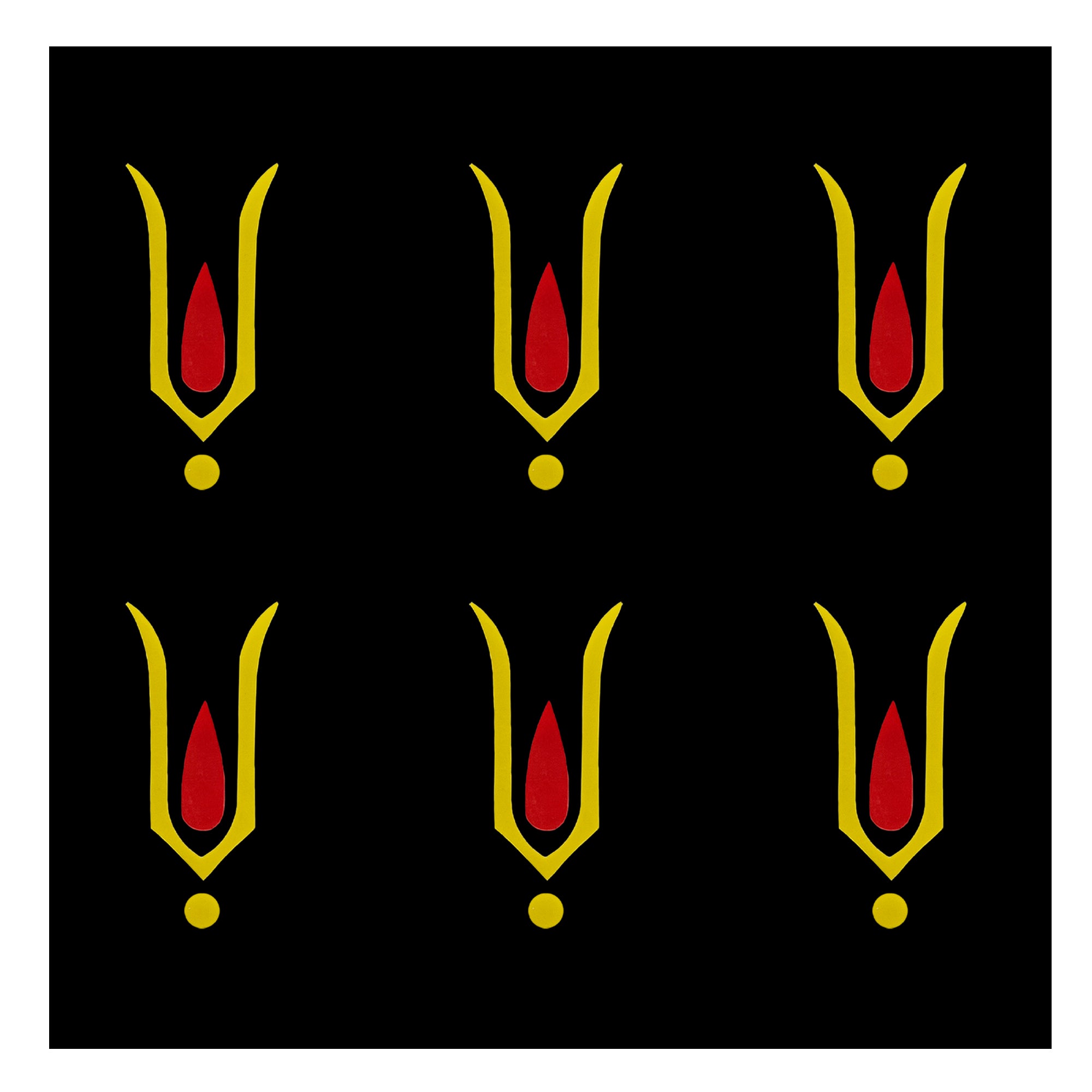 Comet Busters yellow and red Vaishnav Tilak design bindi sticker set for women and girls, traditional spiritual forehead bindi for festive and devotional occasions.