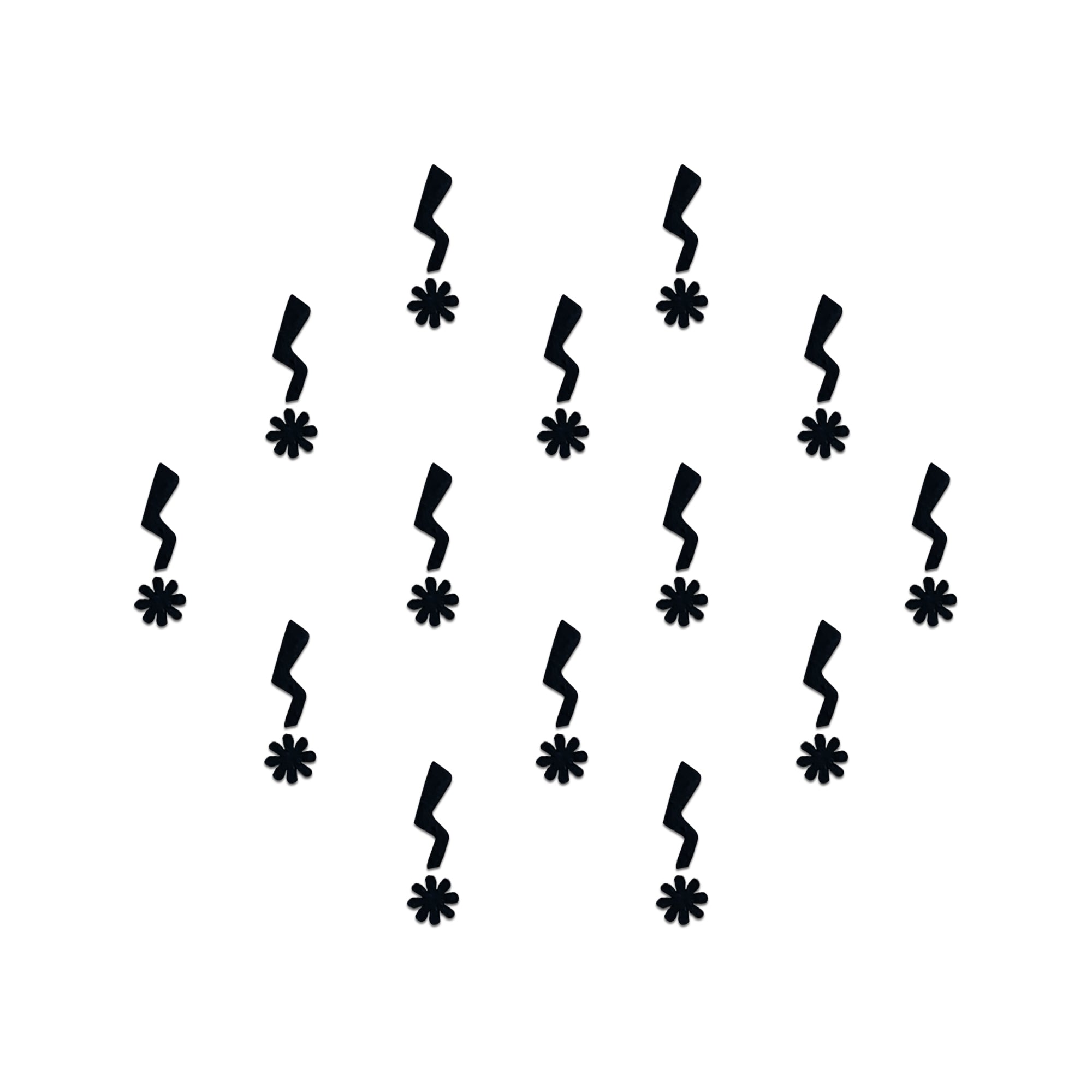 Comet Busters zigzag floral bindis featuring bold black angular motifs paired with tiny flower