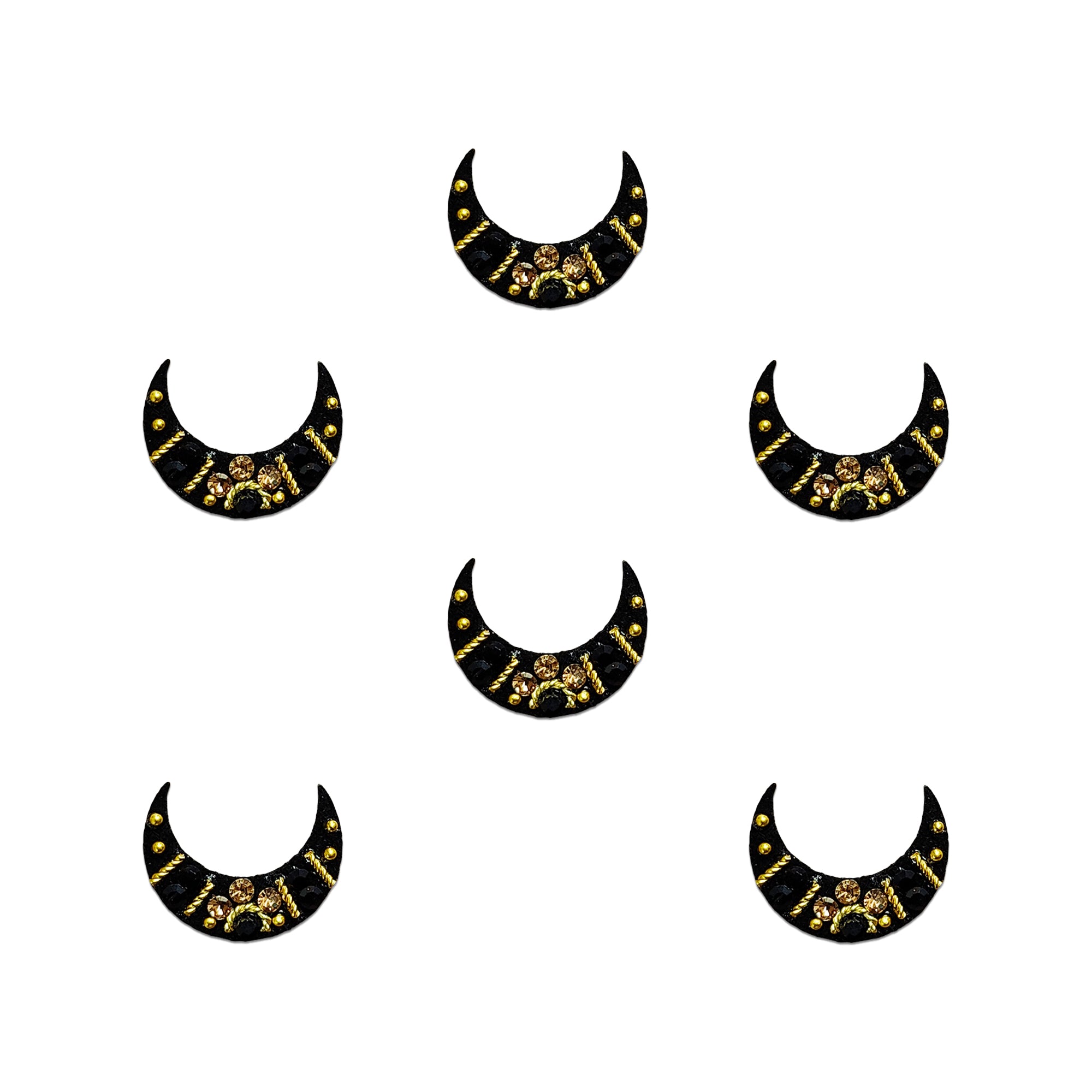crescent moon shaped velvet bindis in deep Black color featuring stones