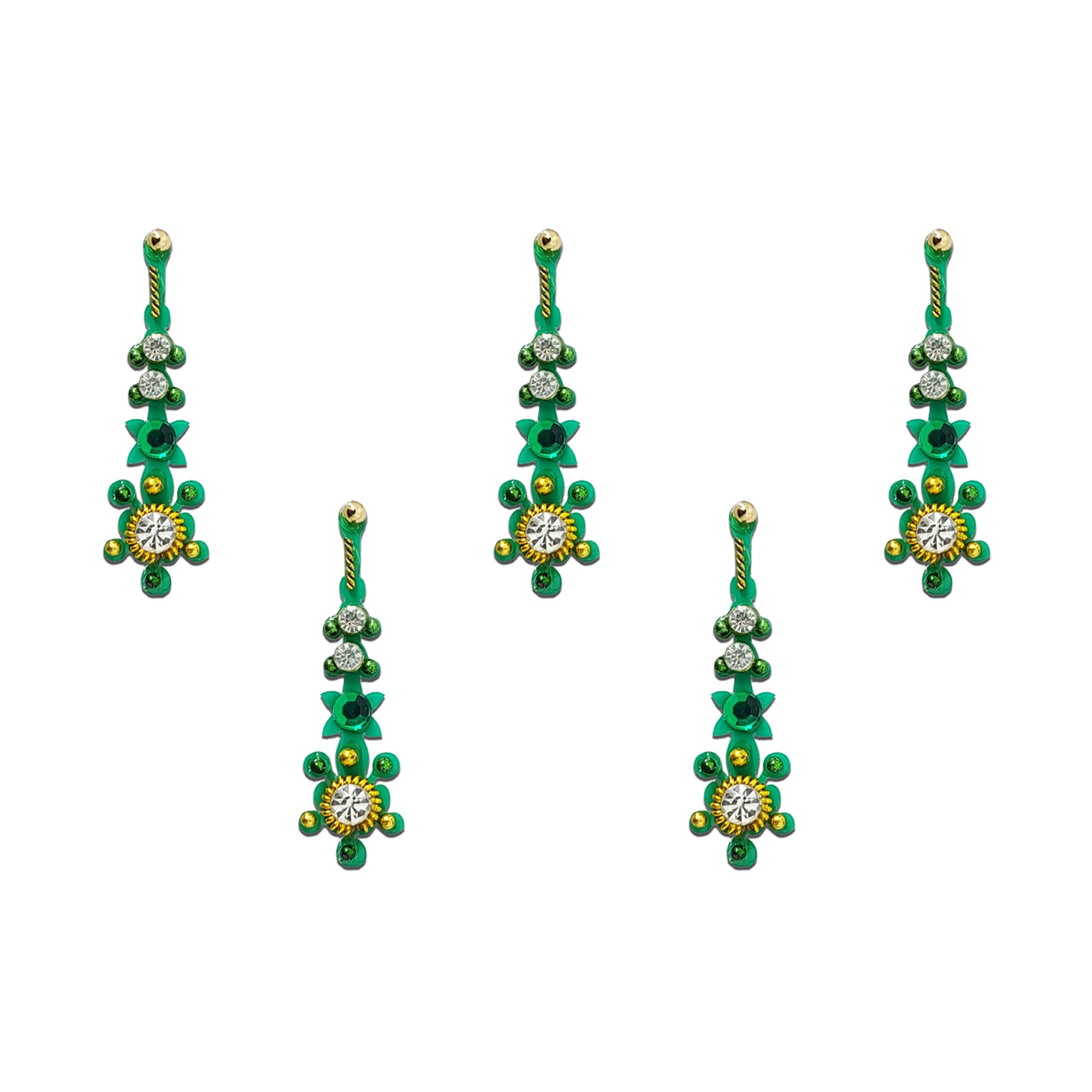 comet bster green goldan silver pearl diamond long bindi