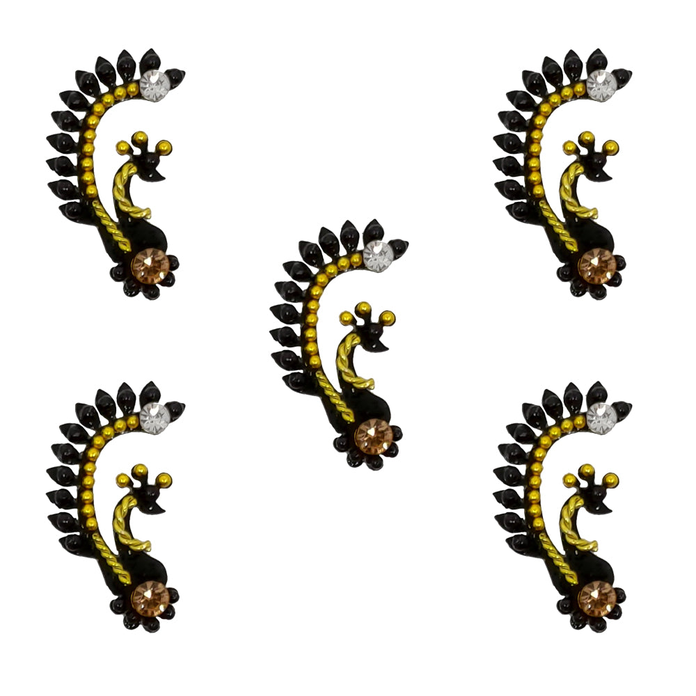 Comet Busters Royal Peacock Designer Stone Bindi featuring elegant black peacock motifs with gold bead detailing, crystal accents and decorative stones for women and girls