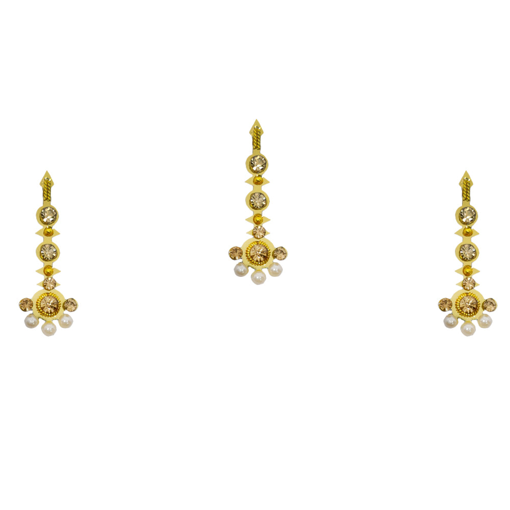 Comet Busters Pearl Drop Long Designer Bindi featuring champagne crystal stones, gold-tone detailing, and elegant pearl drop accents in a vertical traditional design for women and girls.